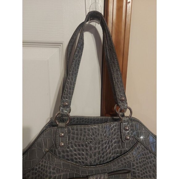 Y2K Vintage GUESS Grey With Bow Crocodile Handbag Tote Large Purse Silver Womens - Picture 4 of 16